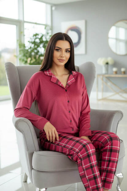 Kırmızı Ekose Desenli Termal Önden Düğmeli Uzun Kollu Kadın Pijama Takımı - 5