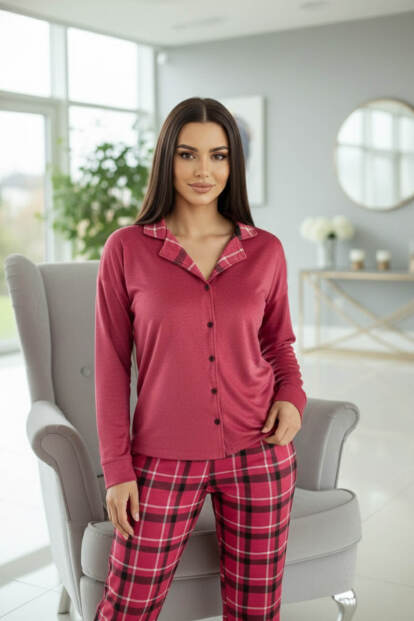 Kırmızı Ekose Desenli Termal Önden Düğmeli Uzun Kollu Kadın Pijama Takımı - 6