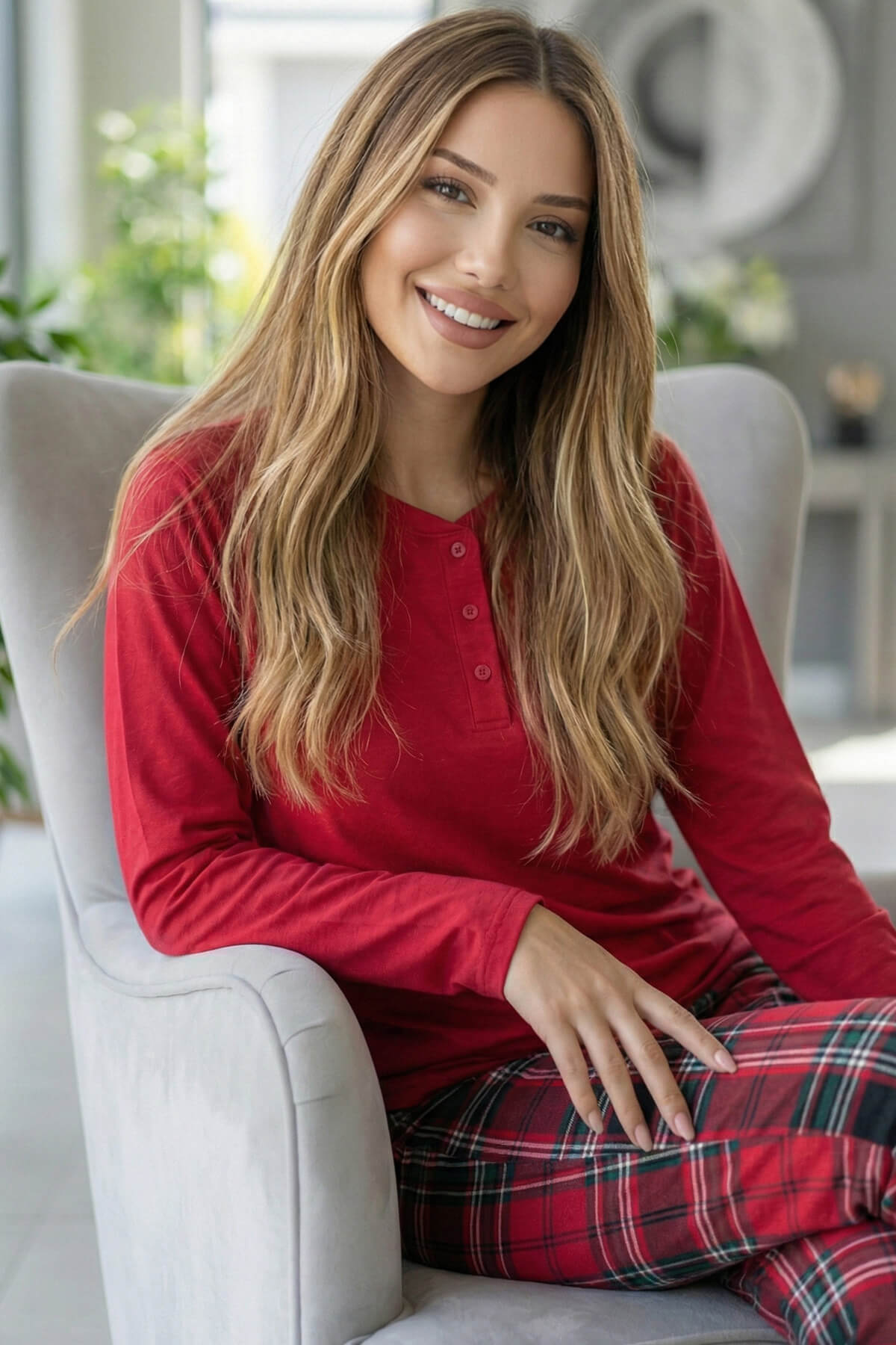 Kırmızı Ekose Desenli Uzun Kollu Bambu Örme Kadın Pijama Takımı - Pijamaevi