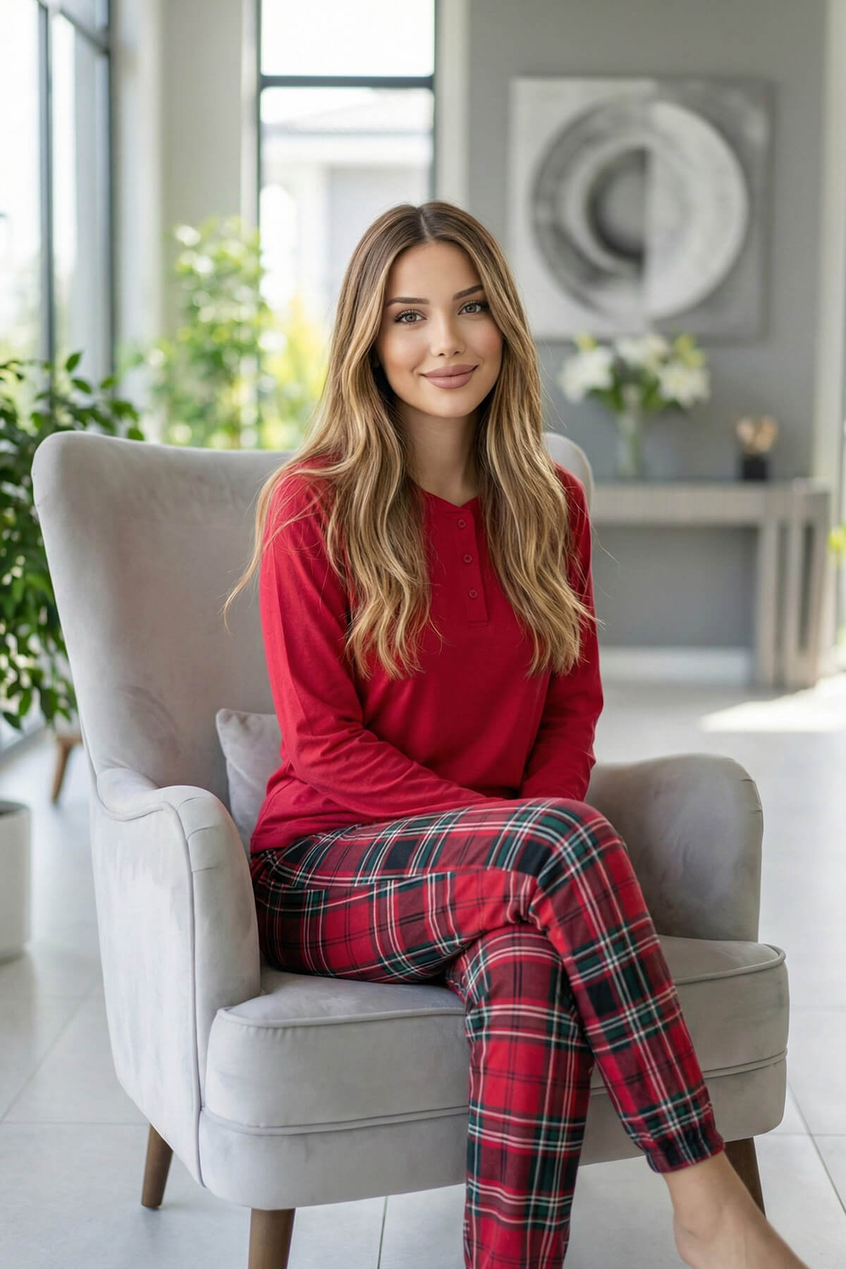Kırmızı Ekose Desenli Uzun Kollu Bambu Örme Kadın Pijama Takımı - Pijamaevi (1)