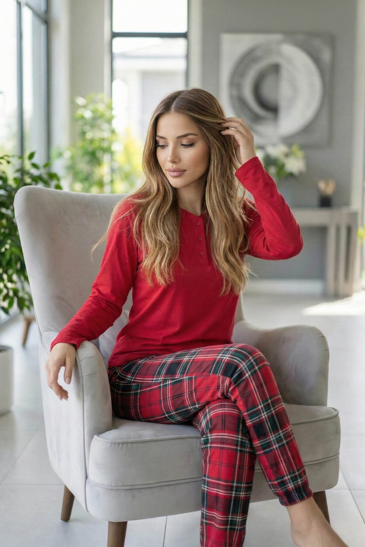 Kırmızı Ekose Desenli Uzun Kollu Bambu Örme Kadın Pijama Takımı - Pijamaevi (3)