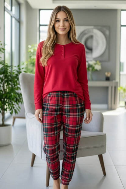 Kırmızı Ekose Desenli Uzun Kollu Bambu Örme Kadın Pijama Takımı - 5