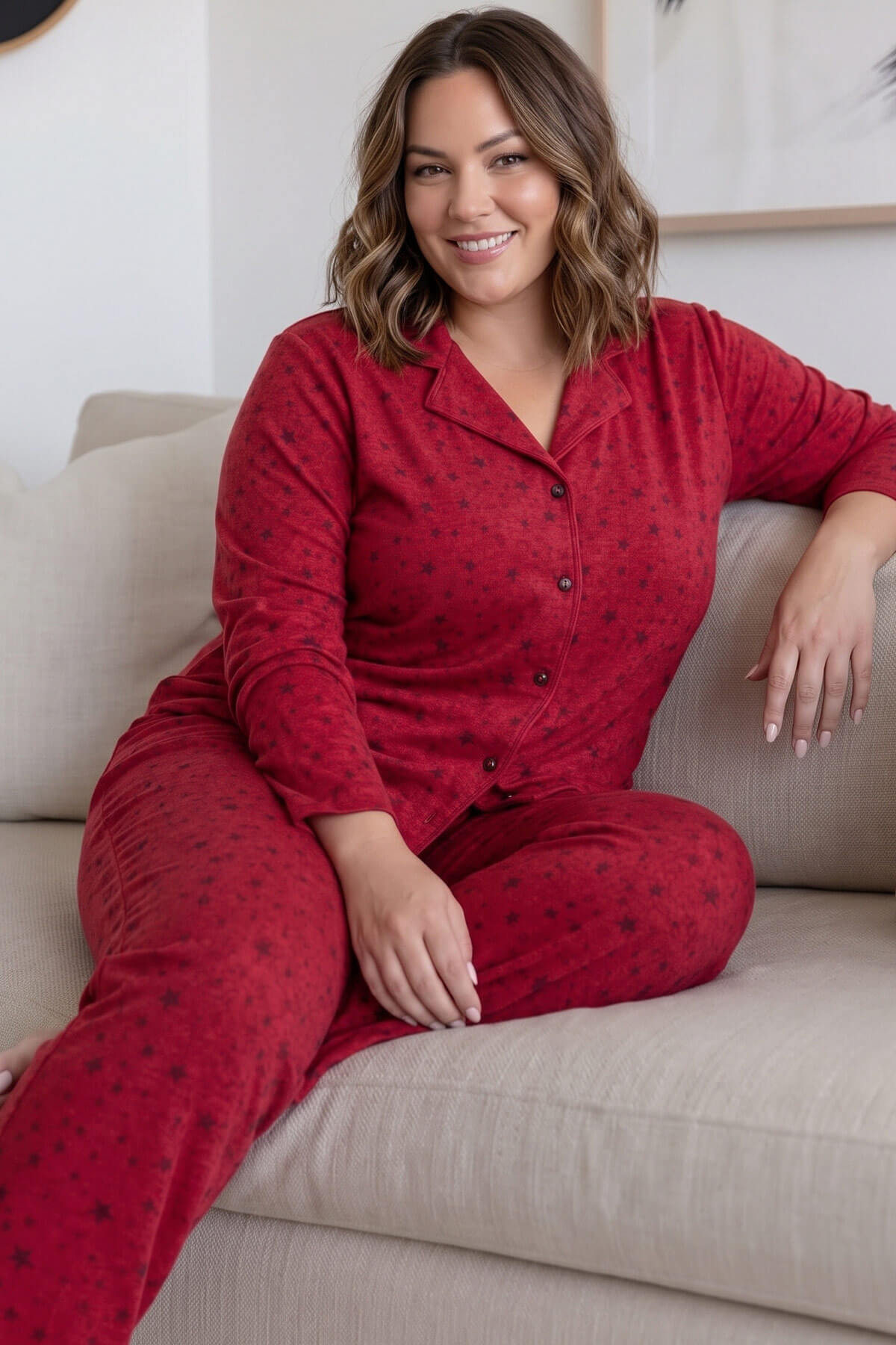 Kırmızı Estrella Önden Düğmeli Battal Büyük Beden Süet Kadın Pijama Takımı  - Pijamaevi