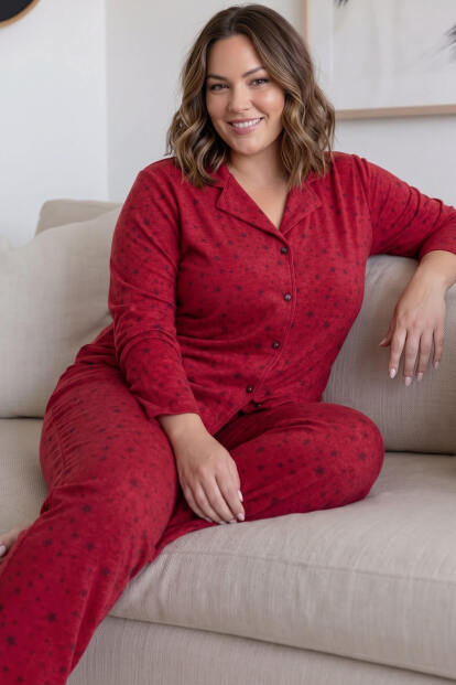 Kırmızı Estrella Önden Düğmeli Battal Büyük Beden Süet Kadın Pijama Takımı  - 1