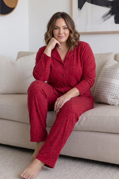 Kırmızı Estrella Önden Düğmeli Battal Büyük Beden Süet Kadın Pijama Takımı  - 2