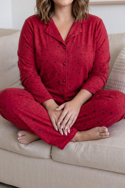 Kırmızı Estrella Önden Düğmeli Battal Büyük Beden Süet Kadın Pijama Takımı  - 4