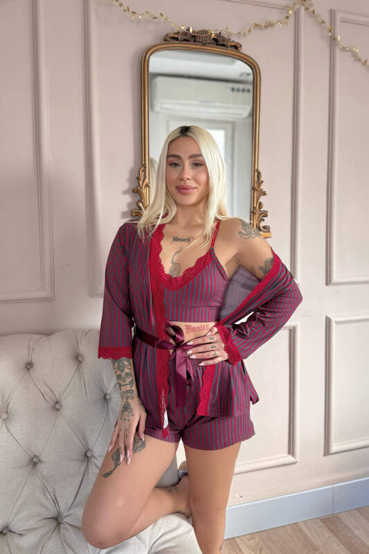 Kırmızı Füme Çizgi Desenli Bambu Crop Sabahlıklı Şortlu Kadın Pijama Takımı - Pijamaevi (1)