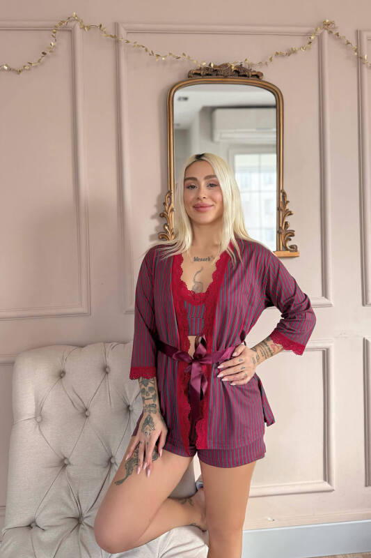 Kırmızı Füme Çizgi Desenli Bambu Crop Sabahlıklı Şortlu Kadın Pijama Takımı - Pijamaevi (3)