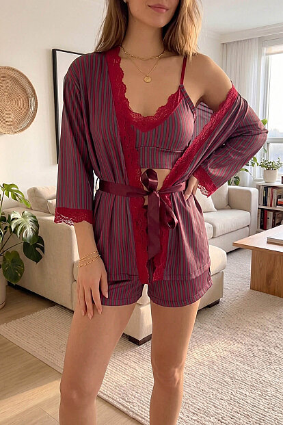 Kırmızı Füme Çizgi Desenli Bambu Crop Sabahlıklı Şortlu Kadın Pijama Takımı - 5