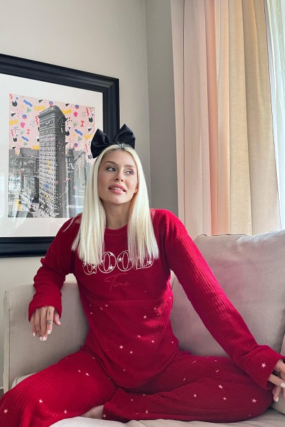 Kırmızı Good Time Desenli Peluş Polar Pijama Takımı - 2