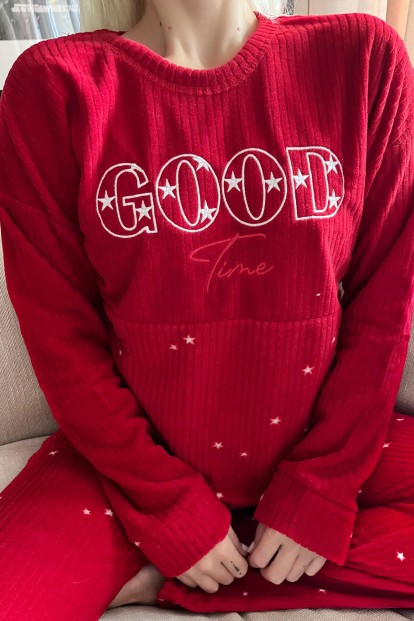 Kırmızı Good Time Desenli Peluş Polar Pijama Takımı - 4