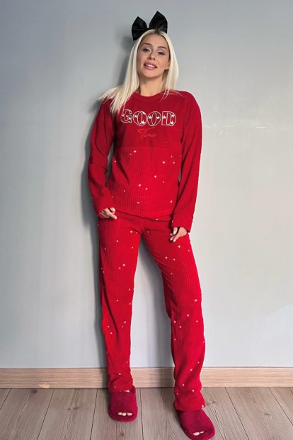 Kırmızı Good Time Desenli Peluş Polar Pijama Takımı - 5