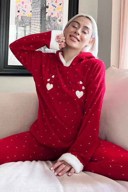 Kırmızı Heart Magic Desenli Kapşonlu Peluş Polar Pijama - 1