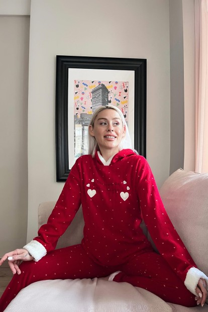 Kırmızı Heart Magic Desenli Kapşonlu Peluş Polar Pijama - 2