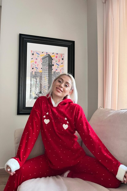 Kırmızı Heart Magic Desenli Kapşonlu Peluş Polar Pijama - 3