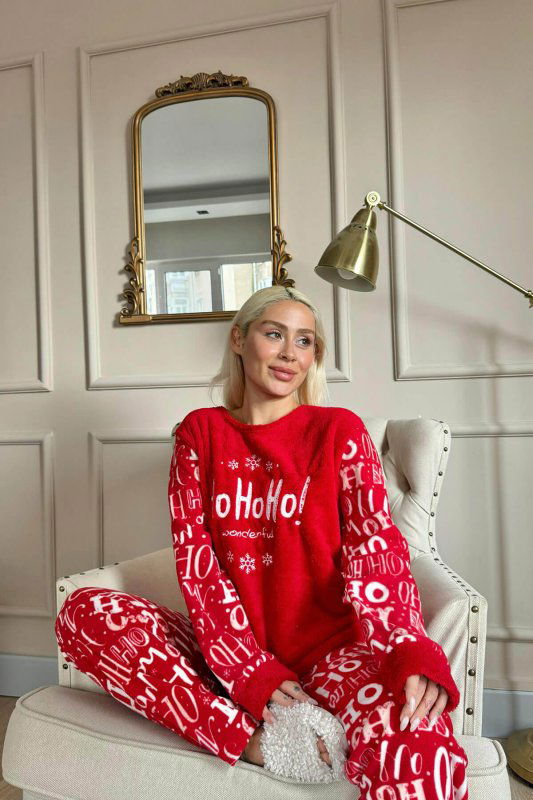 Kırmızı Hoho Desenli Kadın Peluş Pijama Takımı - Pijamaevi (2)