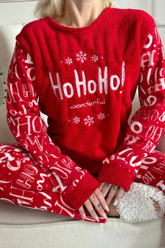 Kırmızı Hoho Desenli Kadın Peluş Pijama Takımı - Pijamaevi (3)