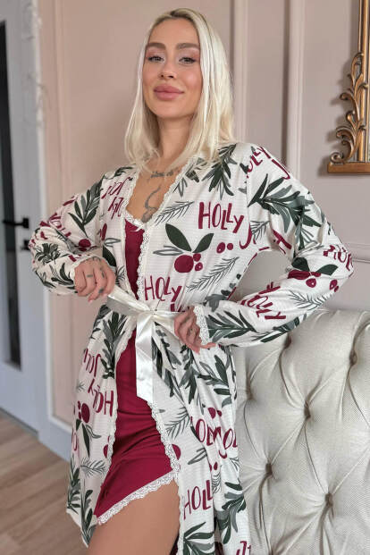 Kırmızı Holly Berry Exclusive Örme Sabahlıklı Gecelik Kadın Pijama Takımı - 1