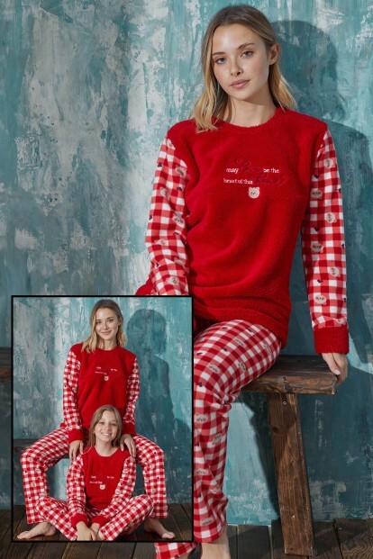 Kırmızı Home Peluş Anne Kız Aile Pijaması - Anne Takım - 7