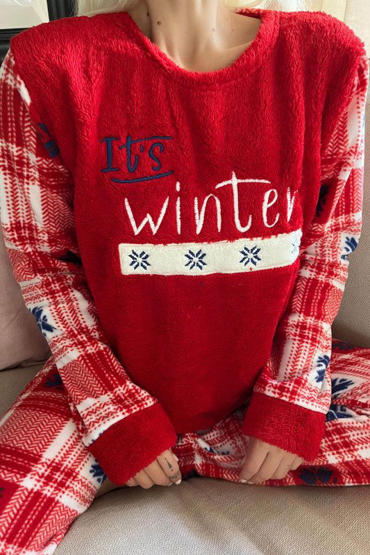 Kırmızı It's Winter Desenli Kadın Peluş Pijama Takımı - Pijamaevi (3)