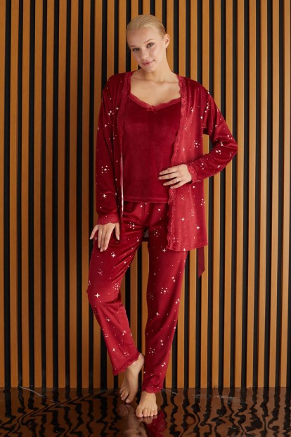 Kırmızı Izarra Exclusive Kadife Sabahlıklı Kadın Pijama Takımı  - 2