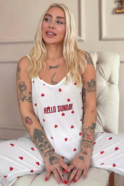 Kırmızı Kalp Baskılı Ip Askılı Örme Kadın Pijama Takımı - 7