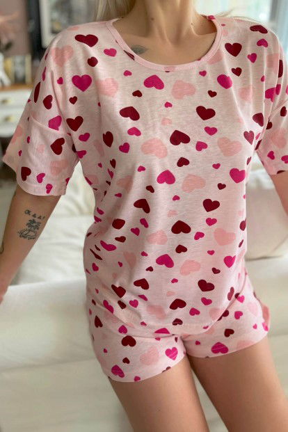Kırmızı Kalp Baskılı Şortlu Kadın Pijama Takımı - 4