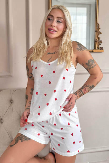 Kırmızı Kalp Desenli İp Askılı Şortlu Kadın Pijama Takımı - 6