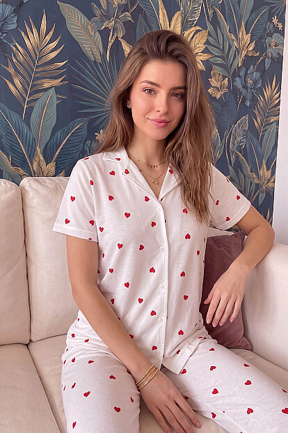 Kırmızı Kalp Desenli Kısa Kol Önden Düğmeli Kadın Pijama Takımı - 4