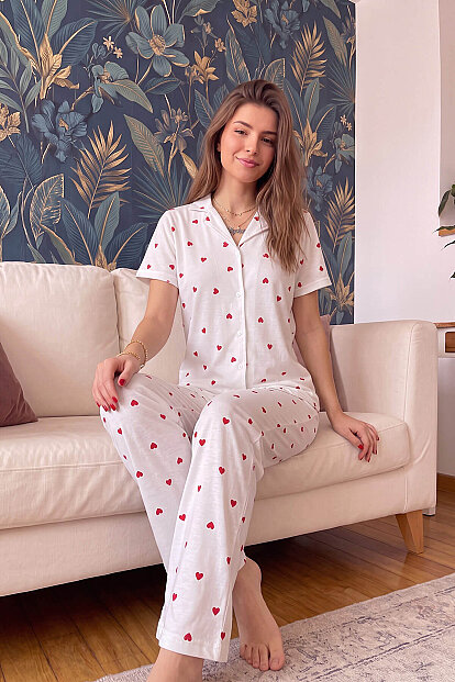 Kırmızı Kalp Desenli Kısa Kol Önden Düğmeli Kadın Pijama Takımı - 6