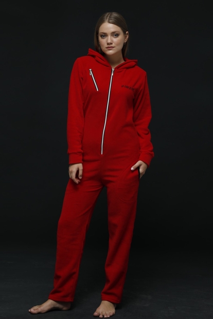 Kırmızı Kapşonlu Kadın Polar Peluş Tulum Pijama Takımı - 1