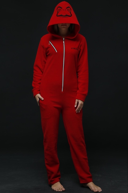 Kırmızı Kapşonlu Kadın Polar Peluş Tulum Pijama Takımı - 2