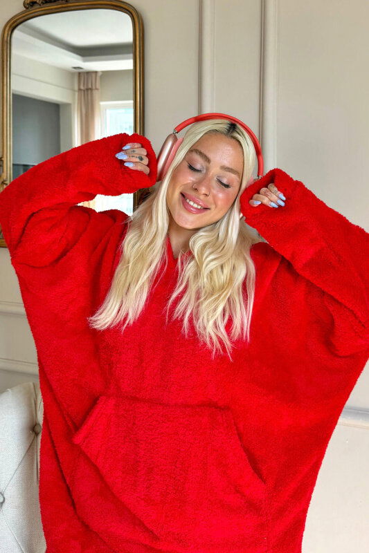 Kırmızı Kapşonlu Tam Peluş Oversize Sweat Panço Pijama - Pijamaevi (2)