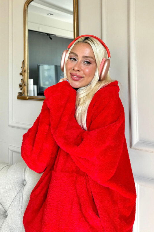 Kırmızı Kapşonlu Tam Peluş Oversize Sweat Panço Pijama - Pijamaevi (3)