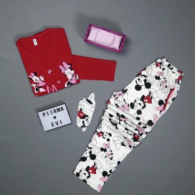 Kırmızı Karakterli Desenli Uzun Kollu Kadın Pijama Takımı - 2
