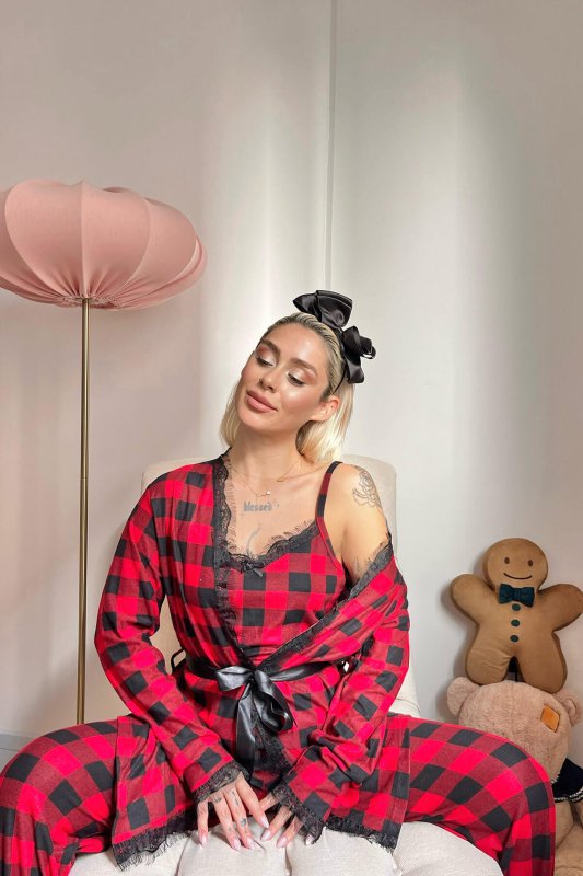 Kırmızı Kare Baskılı Sabahlıklı Kadife Pijama Takımı - Pijamaevi (2)