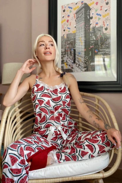 Kırmızı Karpuz Dantelli İp Askılı Örme Kadın Pijama Takımı - 2