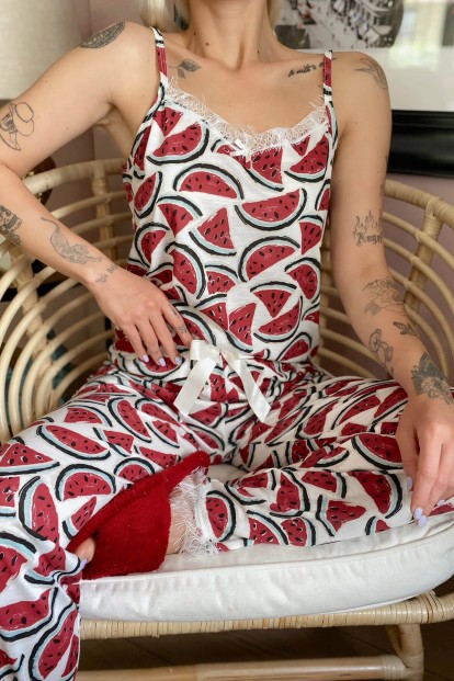 Kırmızı Karpuz Dantelli İp Askılı Örme Kadın Pijama Takımı - 3
