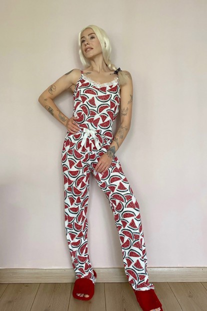 Kırmızı Karpuz Dantelli İp Askılı Örme Kadın Pijama Takımı - 4