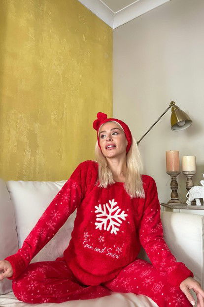 Kırmızı Kartanesi Desenli Kadın Peluş Pijama Takımı - 2