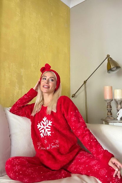 Kırmızı Kartanesi Desenli Kadın Peluş Pijama Takımı - 3