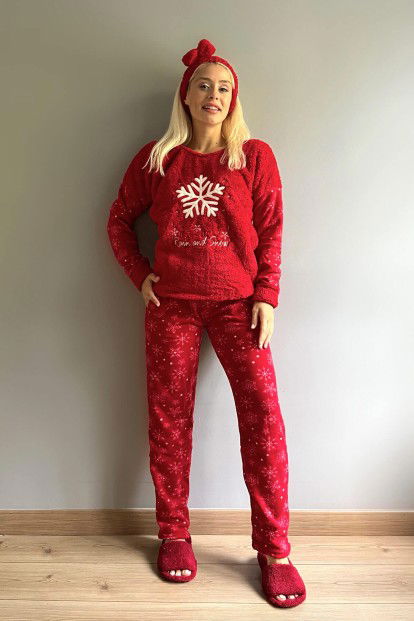 Kırmızı Kartanesi Desenli Kadın Peluş Pijama Takımı - 5