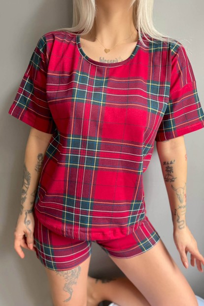 Kırmızı Klasik Ekose Baskılı Şortlu Kadın Pijama Takımı - 4