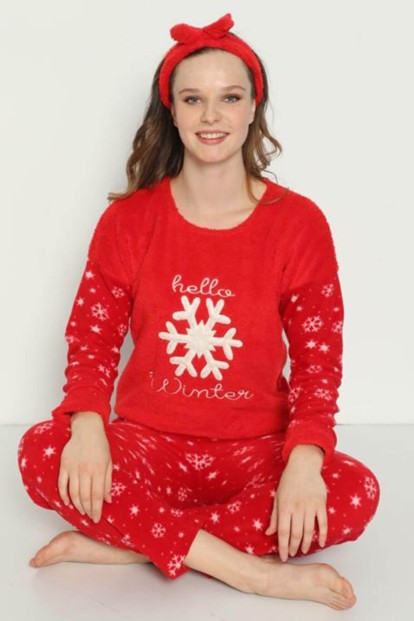 Kırmızı Kristal Desenli Kadın Peluş Pijama Takımı - 1