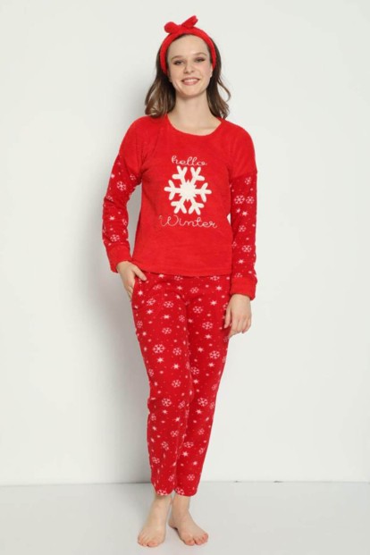 Kırmızı Kristal Desenli Kadın Peluş Pijama Takımı - 3