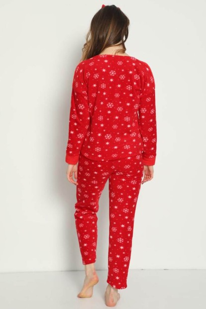 Kırmızı Kristal Desenli Kadın Peluş Pijama Takımı - 4