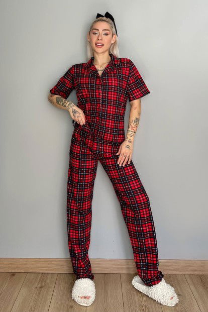 Kırmızı Lacivert Ekose Baskılı Önden Düğmeli Kısa Kollu Pijama - 5