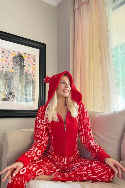 Kırmızı Laugh Desenli Kadın Polar Peluş Tulum Pijama Takımı - 2