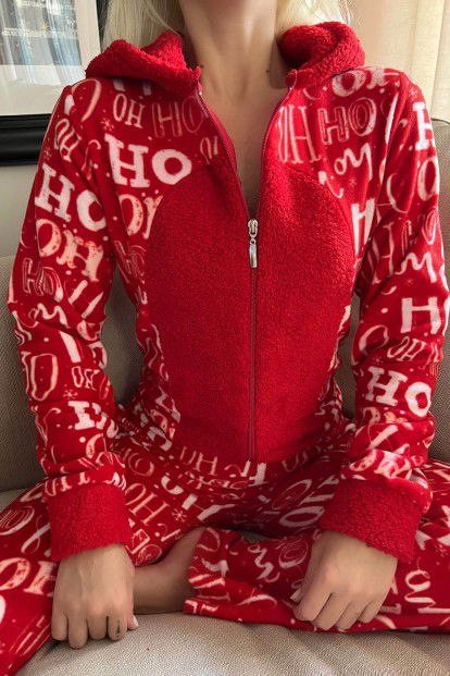 Kırmızı Laugh Desenli Kadın Polar Peluş Tulum Pijama Takımı - 4