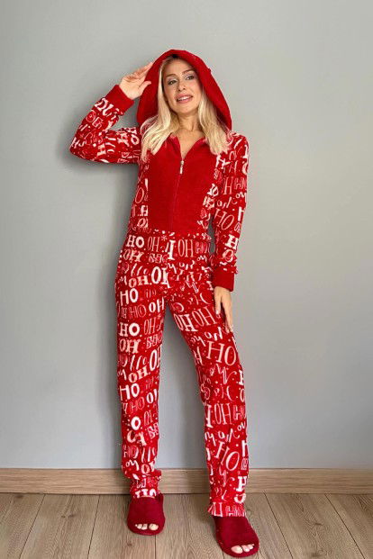 Kırmızı Laugh Desenli Kadın Polar Peluş Tulum Pijama Takımı - 5